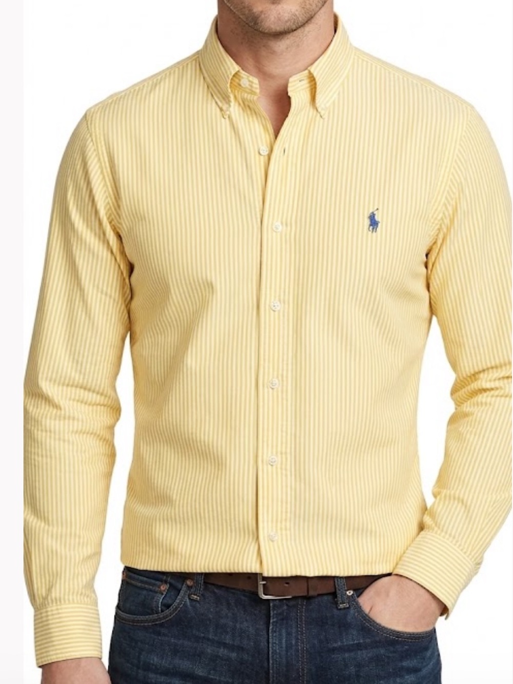 Ralph Lauren Yellow White Striped Cotton Classic Fit Button Down Shirt